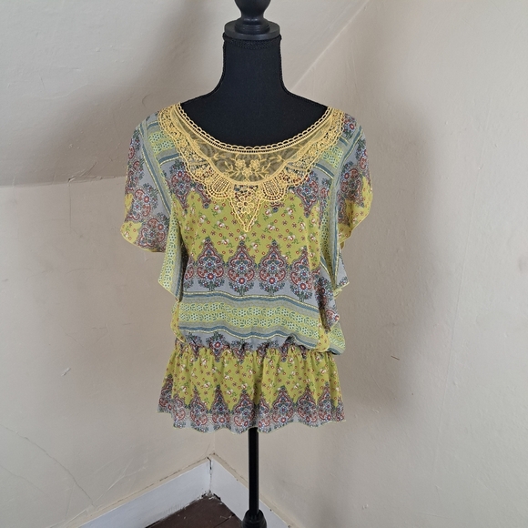WD NY Women’s Yellow Blue Floral Ruffle Sheer Top Blouse Size L - Picture 1 of 10